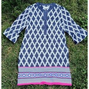 NWOT Navy Blue Preppy Shift Dress Size 2 Bell Sleeve Tunic Style Pink Geometric